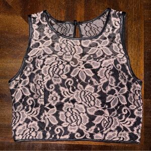 Sleeveless Floral Lace Overlay Crop Top - Gold and Black